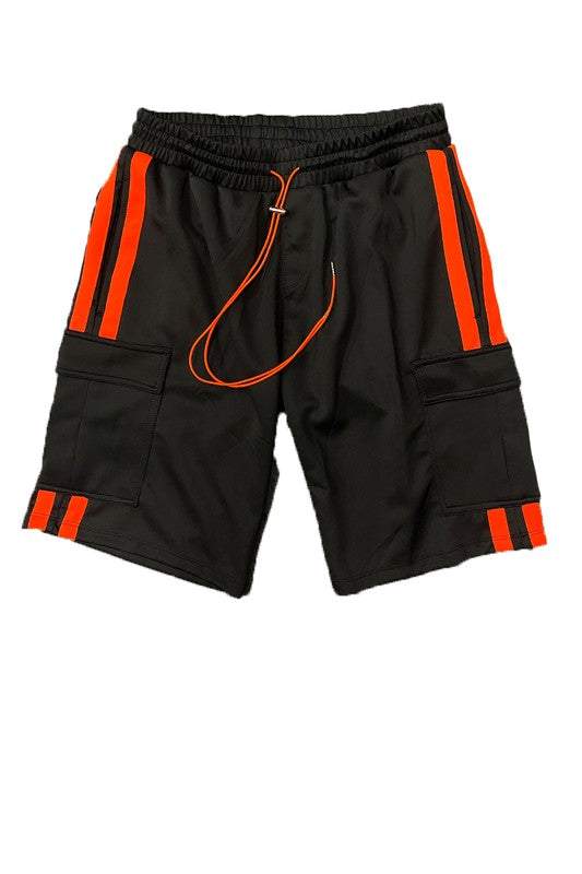 Two Stripe Cargo Pouch Shorts with elastic waist, drawstring, and side cargo pockets.